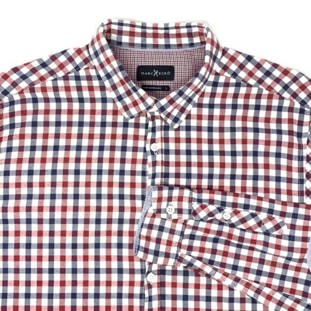 Marc Echo Cut & Sew Red White & Blue Check Men's‎ Long Sleeve Shirt Size Large